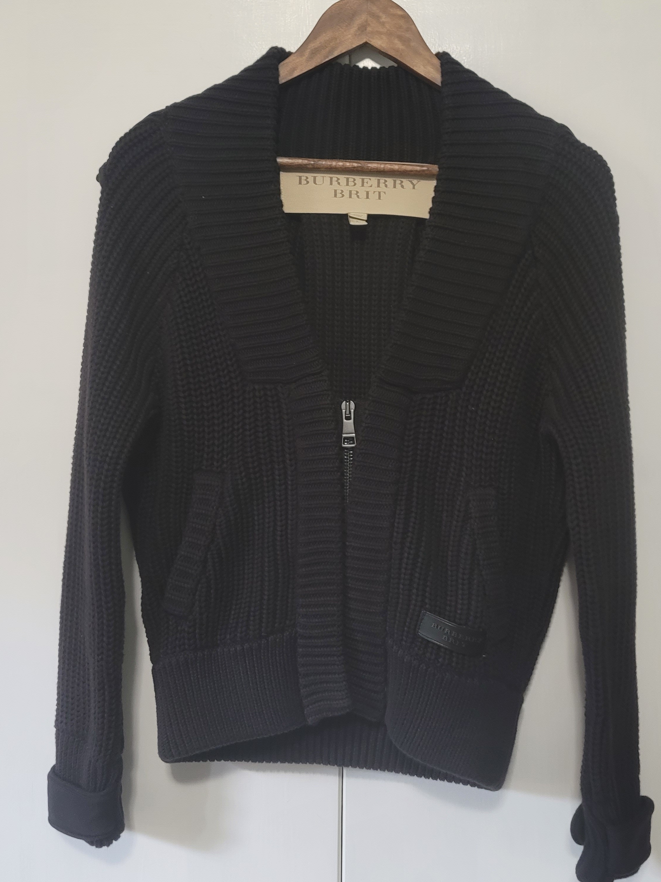 Burberry Women's Black Ribbed Zip Knit Cardigan Sweater